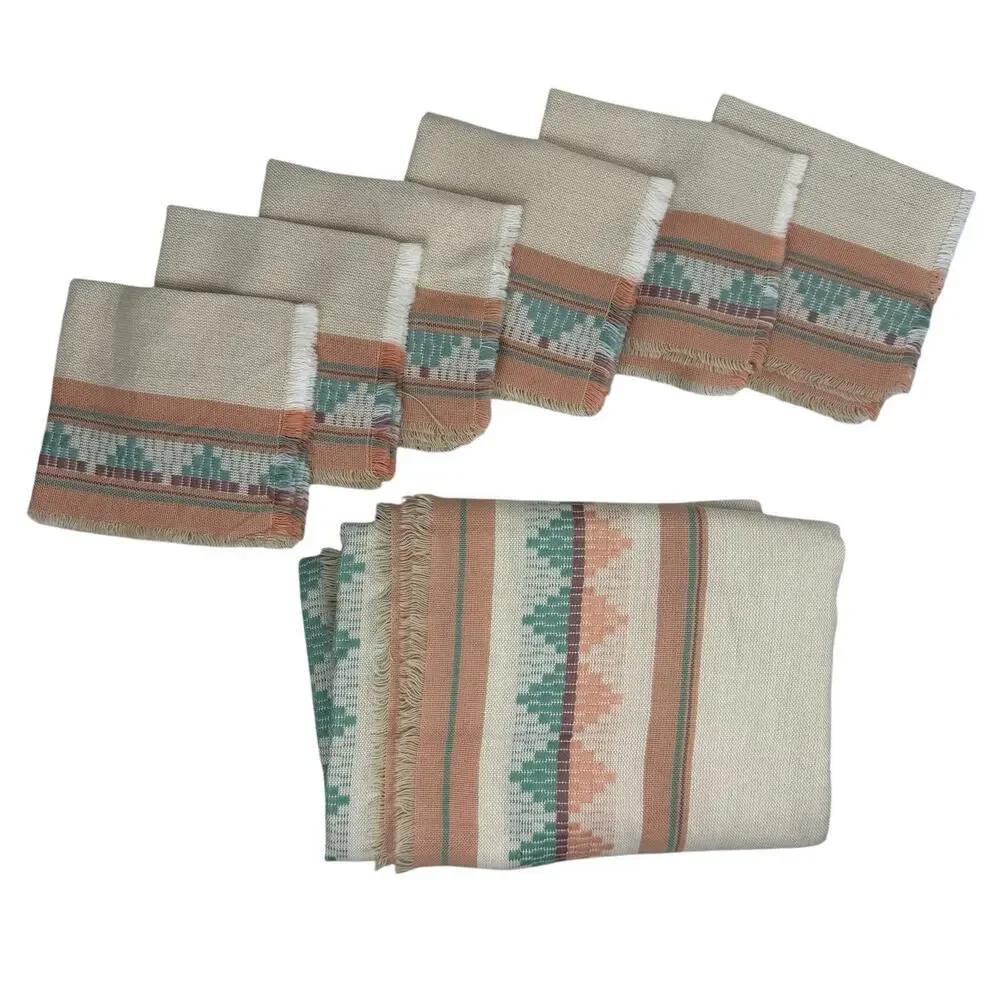 Tablecloth Napkin Set 84”x57” Aztec Striped Peach Aqua Mid Century Fringe